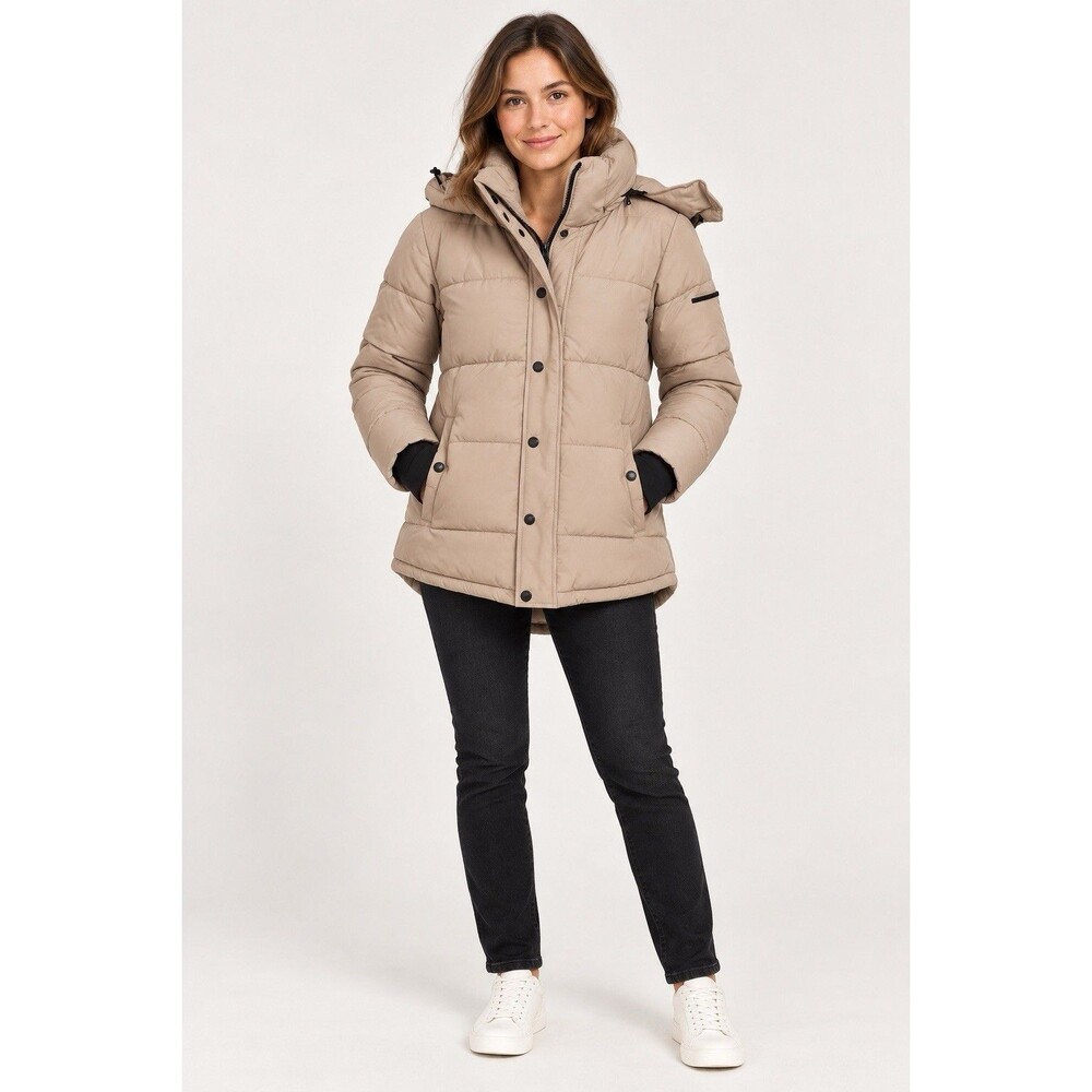 BCBGeneration Women’s Beige Hooded Puffer Coat Size Small Thumbhole Cuffs $240